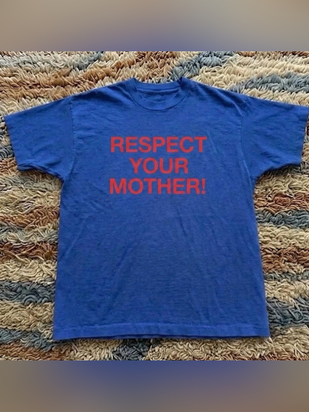 Vintage Blue Graphic Tee with Red 'Respect Your Mother!' Slogan